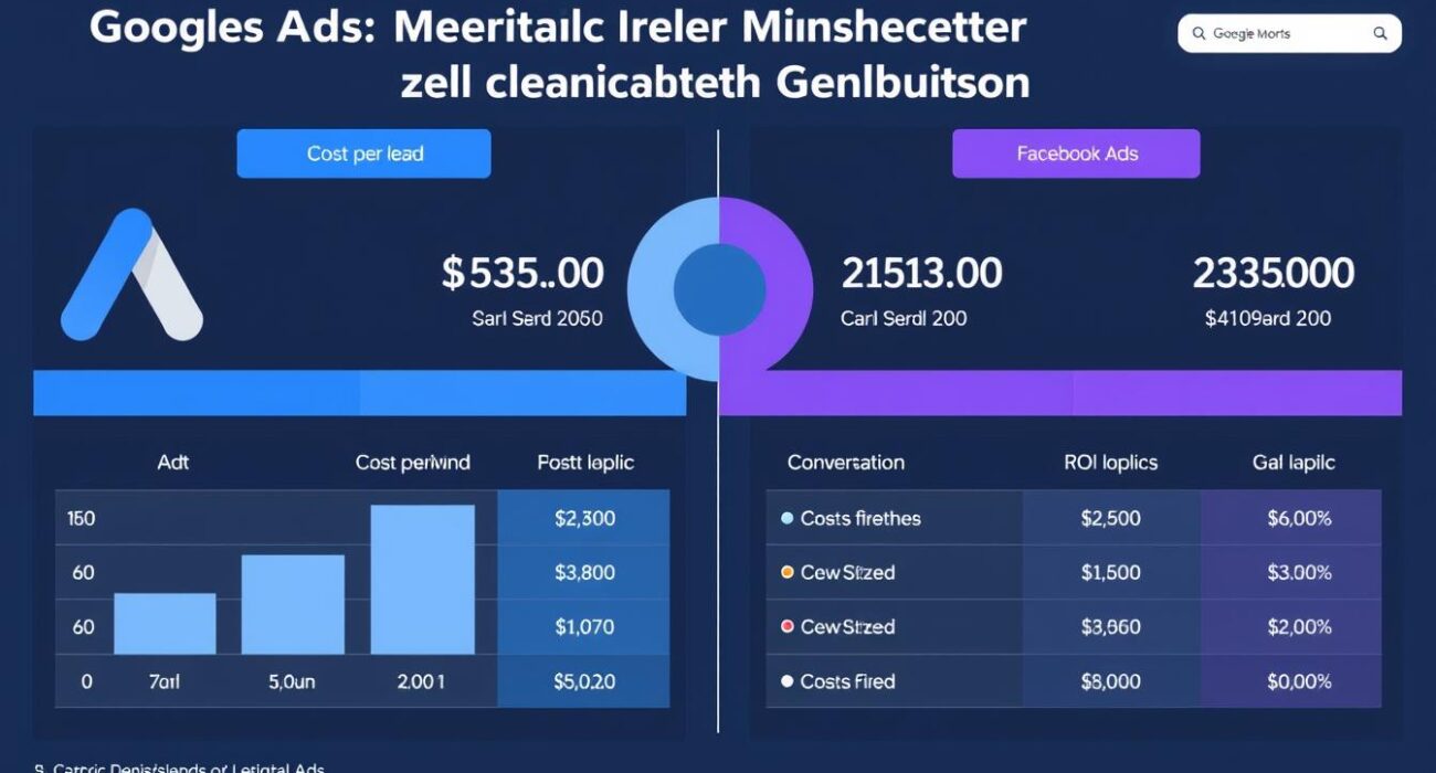 Google Ads vs Facebook Ads for lead generation comparison dashboard showing key metrics