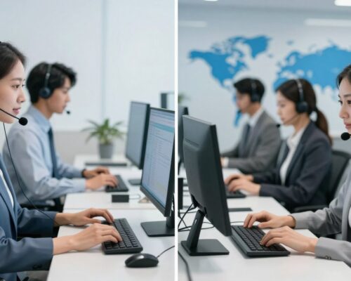 Comparison of local and global call center operations showing domestic and international support teams
